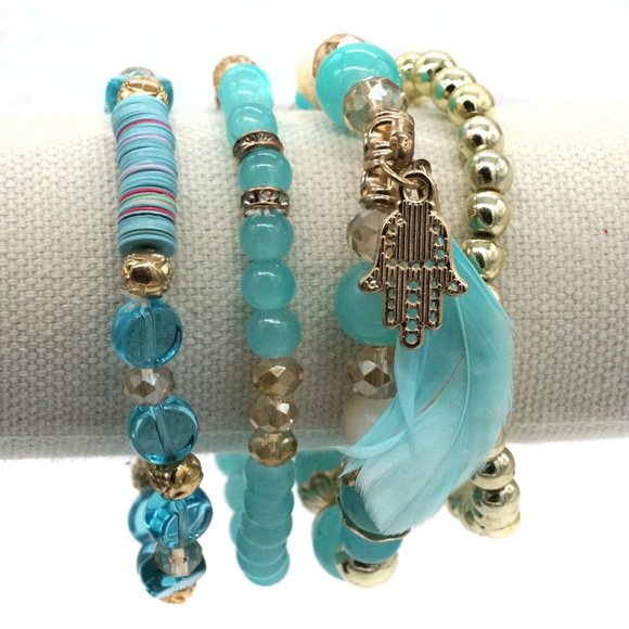 Bracelet Four Strands Blue & Gold Beads Chakra Charm. OS. - Picture 2 of 3